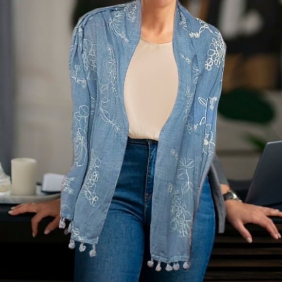 Bruges Blue Chambray Floral Embroidered Pompom Fringe Shawl - Picture 6 of 6